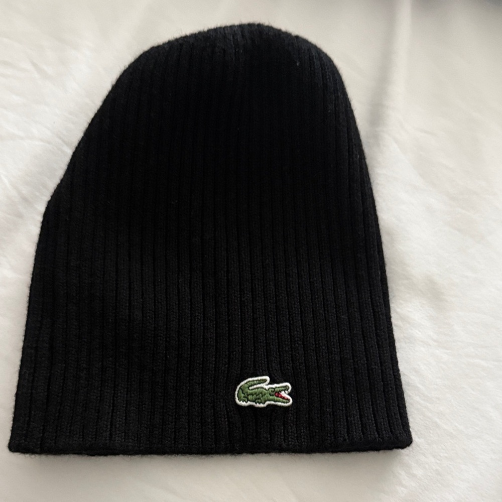 Lacoste Black Ribbed Knit Hat
